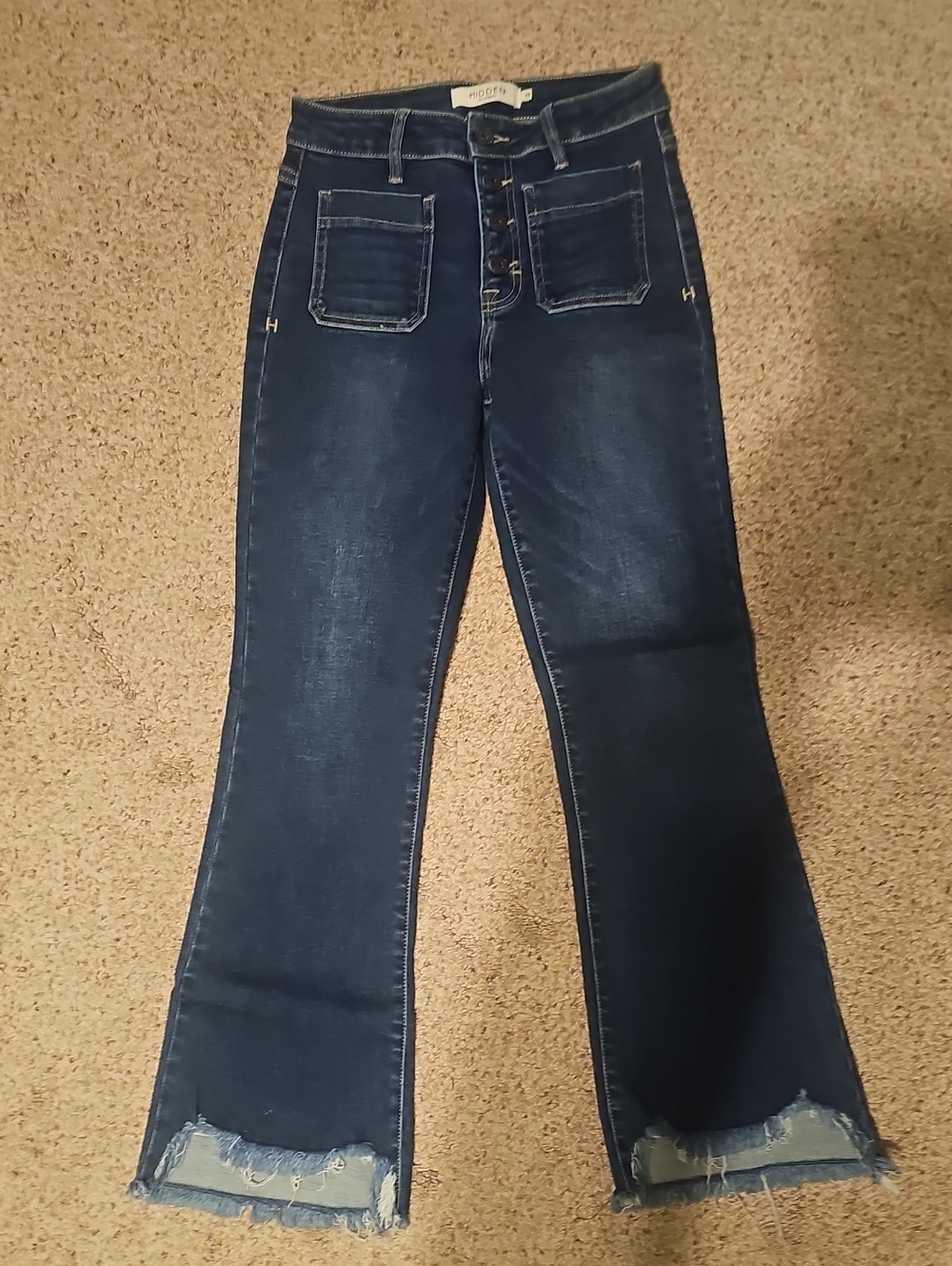 HIDDEN Dark Indigo High-Rise Crop Flare Jeans with Raw Hem